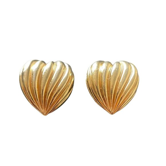 Vintage Avon Gold Tone Heart Earrings Stud Post Ridged Valentines 80s Jewelry - Picture 1 of 4